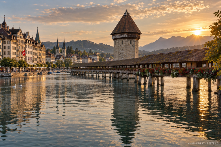 KI-generierte Ansicht einer Holzbrücke mit Wasserturm und Uferhäusern im warmen Abendlicht