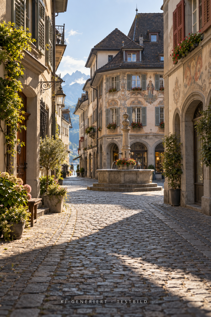 KI-generierte Altstadtgasse mit bemalten Fassaden, Kopfsteinpflaster und einem Brunnen im Sonnenlicht
