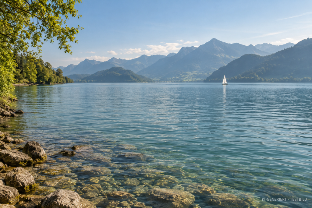 KI-generierte Seelandschaft mit steinigem Ufer, klarem Wasser, einem Segelboot und Bergen