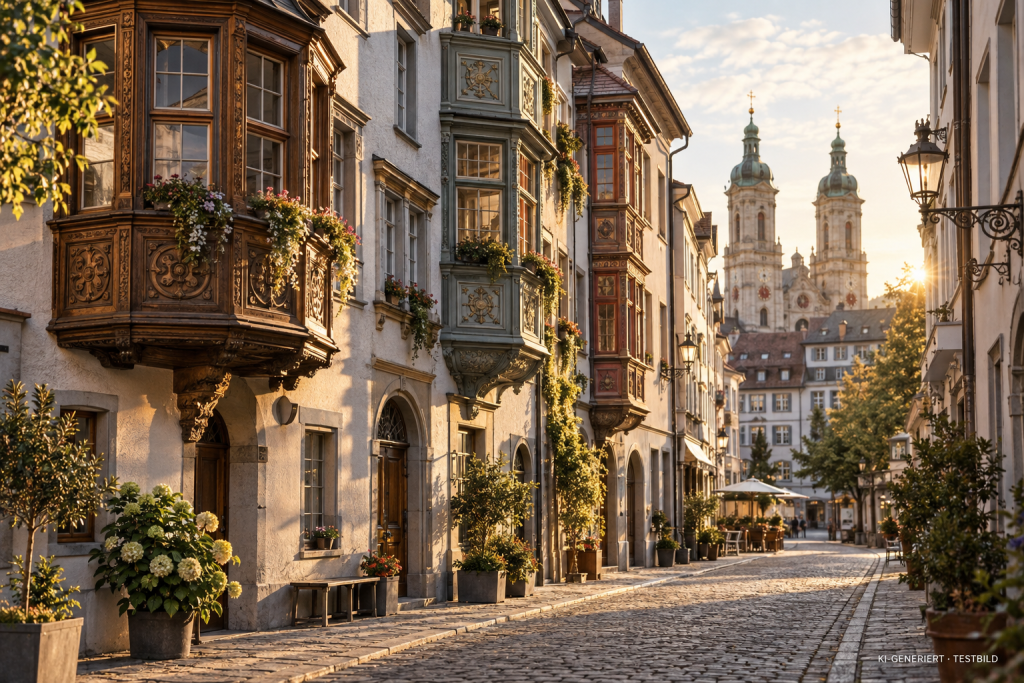 I-generierte Altstadtgasse mit verzierten Erkern und zwei Kirchtürmen im warmen Abendlicht