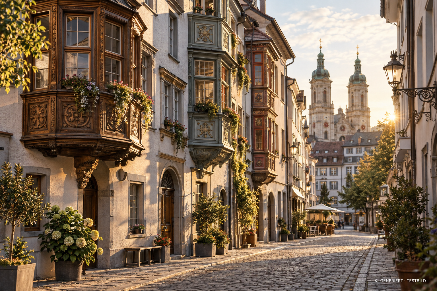 I-generierte Altstadtgasse mit verzierten Erkern und zwei Kirchtürmen im warmen Abendlicht