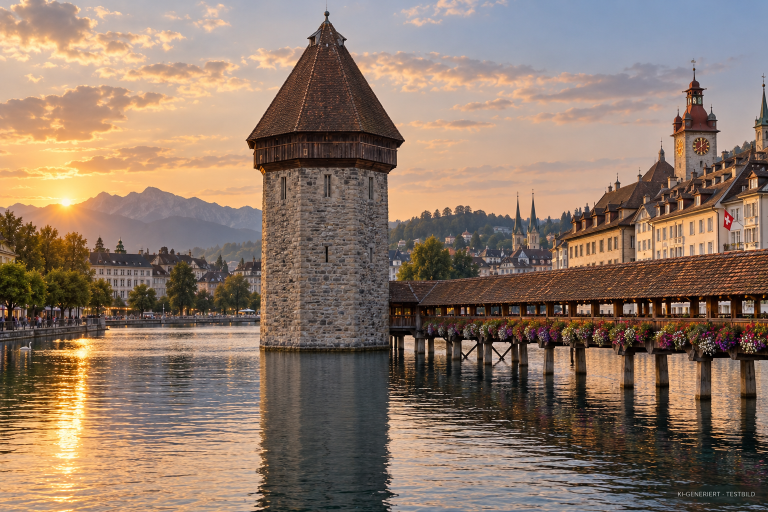 KI-generierte Ansicht eines steinernen Wasserturms neben einer gedeckten Holzbrücke im warmen Abendlicht