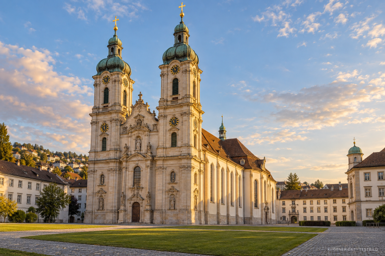 KI-generierte Ansicht einer barocken Kirche mit zwei Türmen und grünen Turmhauben im warmen Abendlicht