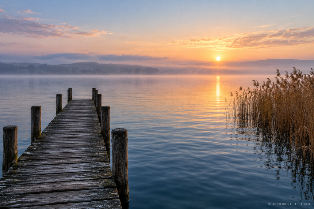 KI-generierter Holzsteg an einem ruhigen See mit Schilf und Sonnenaufgang