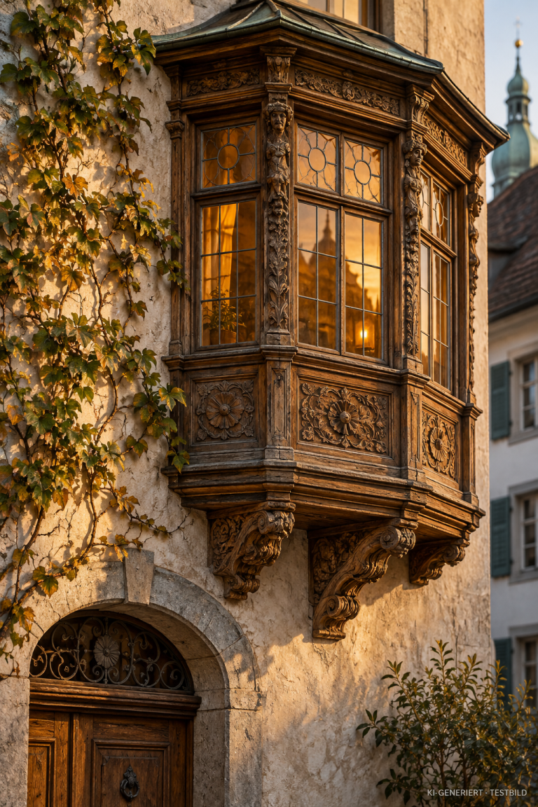 KI-generierter geschnitzter Holzerker an einer historischen Fassade im warmen Abendlicht