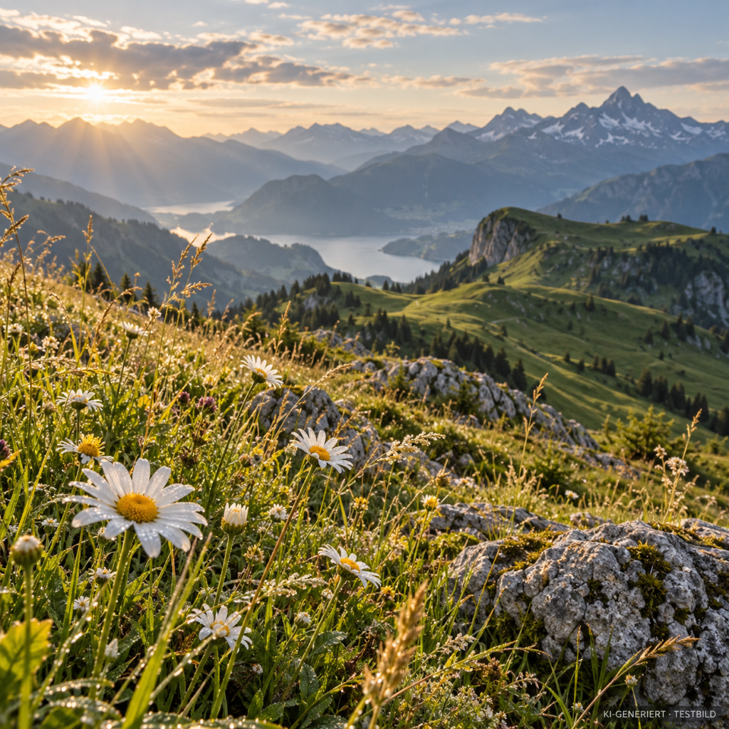 KI-generierte Bergwiese mit weissen Blüten, Felsen und einem See zwischen Bergketten