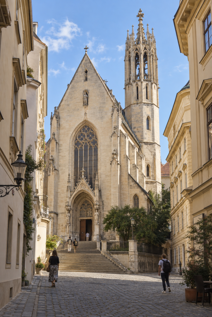 KI-Illustration einer gotischen Kirche mit filigranem Turmabschluss, eingerahmt von Altstadthäusern und einer Treppe im Vordergrund.