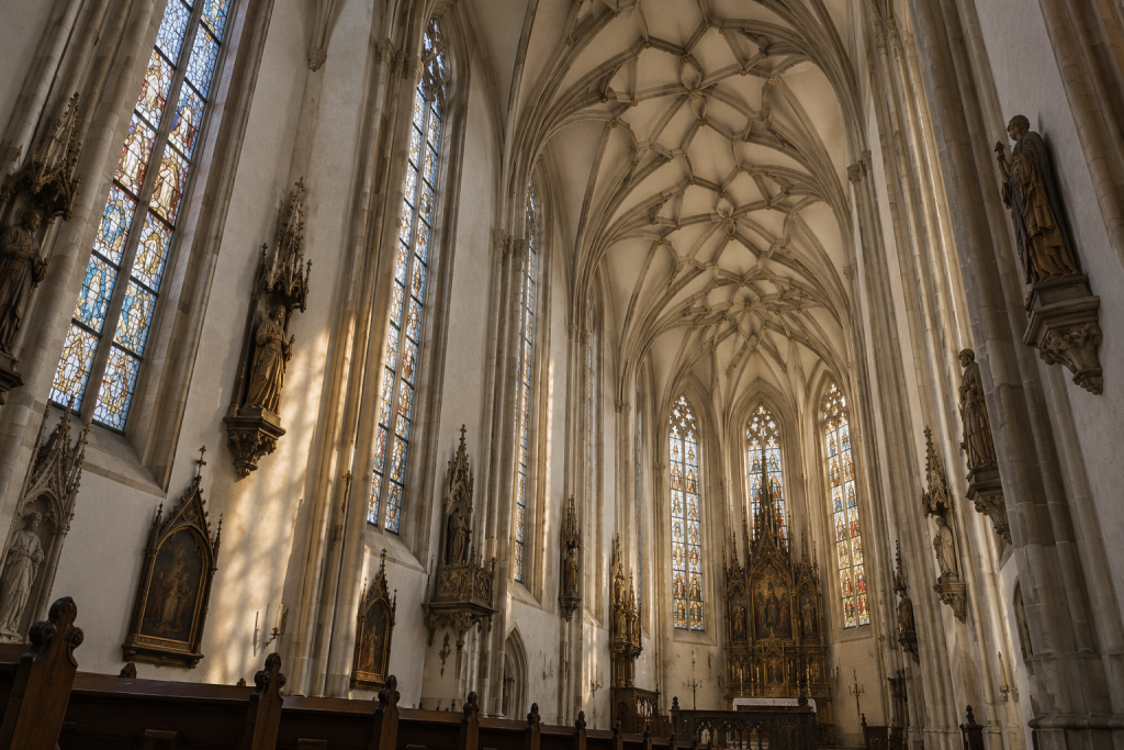 KI-Illustration eines hohen gotischen Kirchenraums mit vernetztem Rippengewölbe, farbigen Fenstern und dunklen Holzbänken.