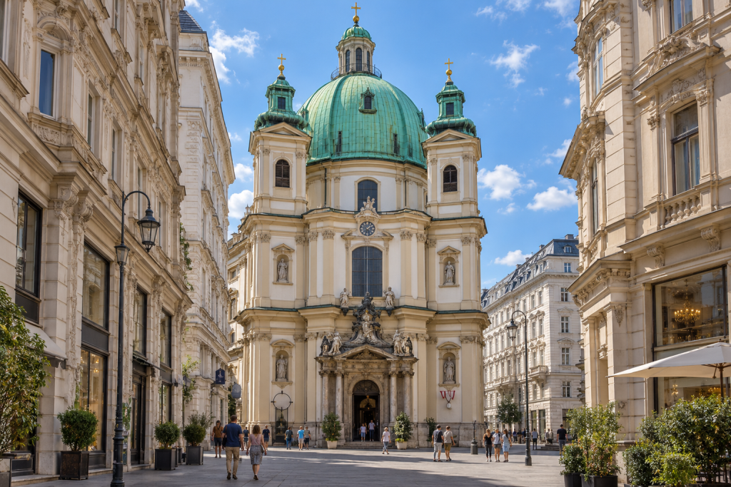 KI-Illustration einer barocken Kirche mit grüner Kuppel und zwei Türmen zwischen Wiener Altstadthäusern.