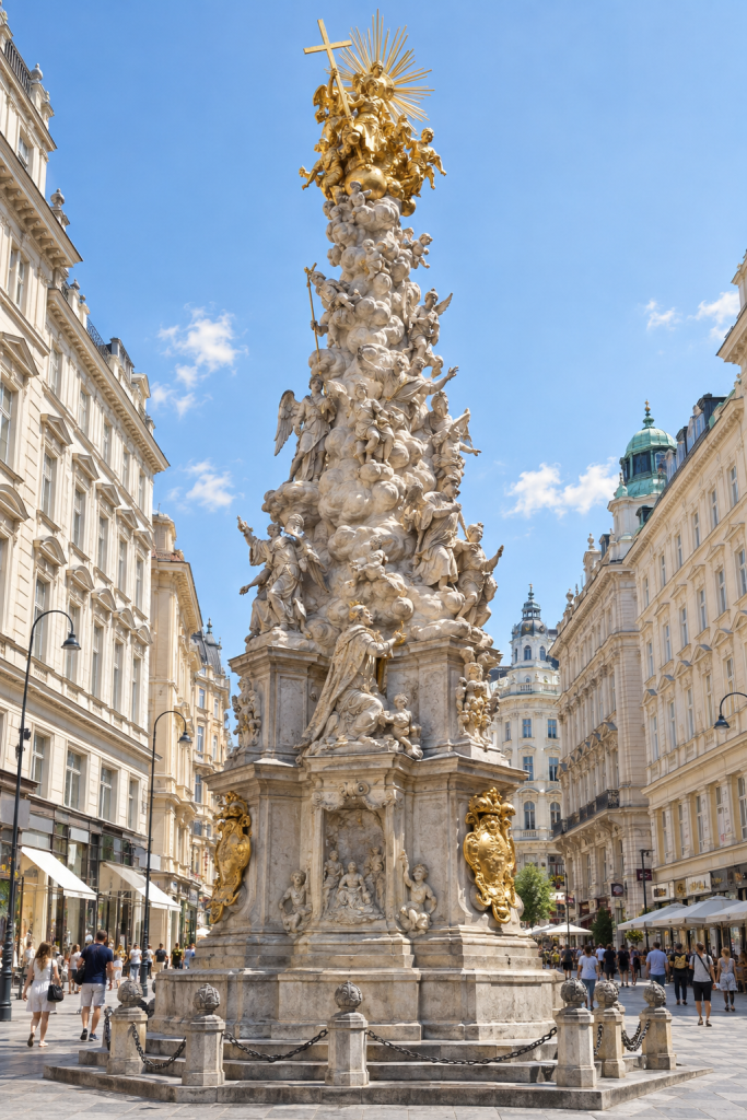 KI-Illustration eines barocken Denkmals mit steinernen Figuren, Wolken und vergoldeter Bekrönung zwischen Wiener Stadthäusern.