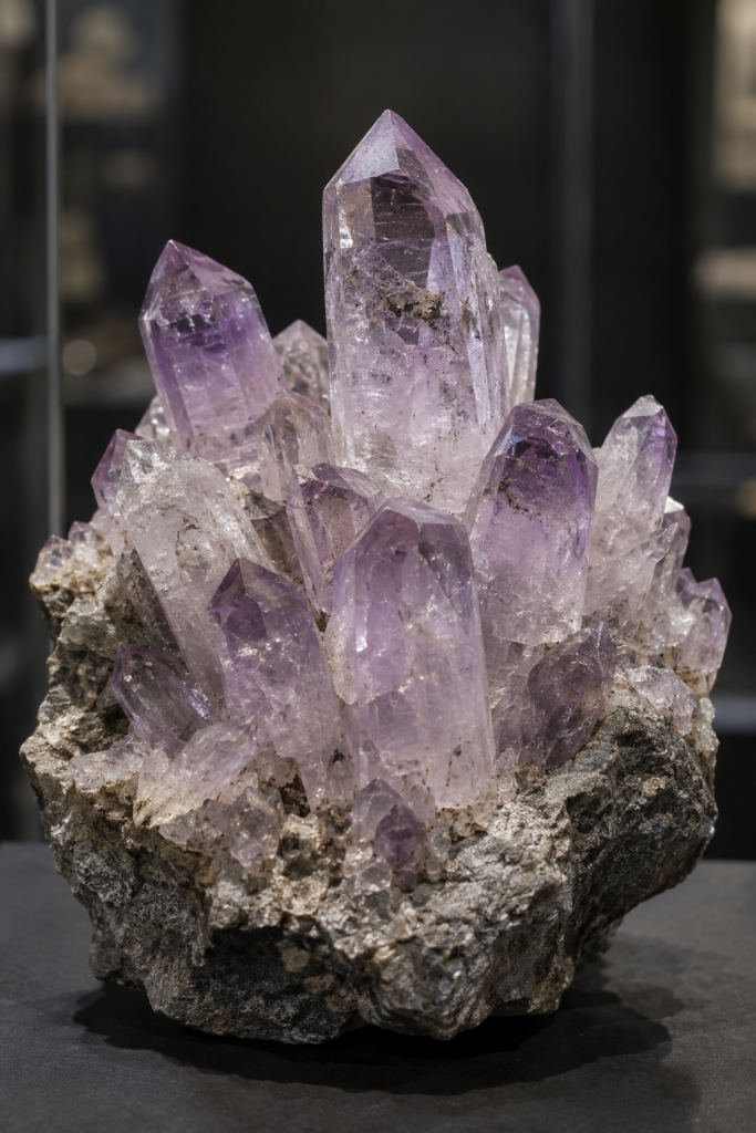KI-generierte Gruppe hellvioletter Amethystkristalle auf rauem Gestein vor dunklem Hintergrund.
