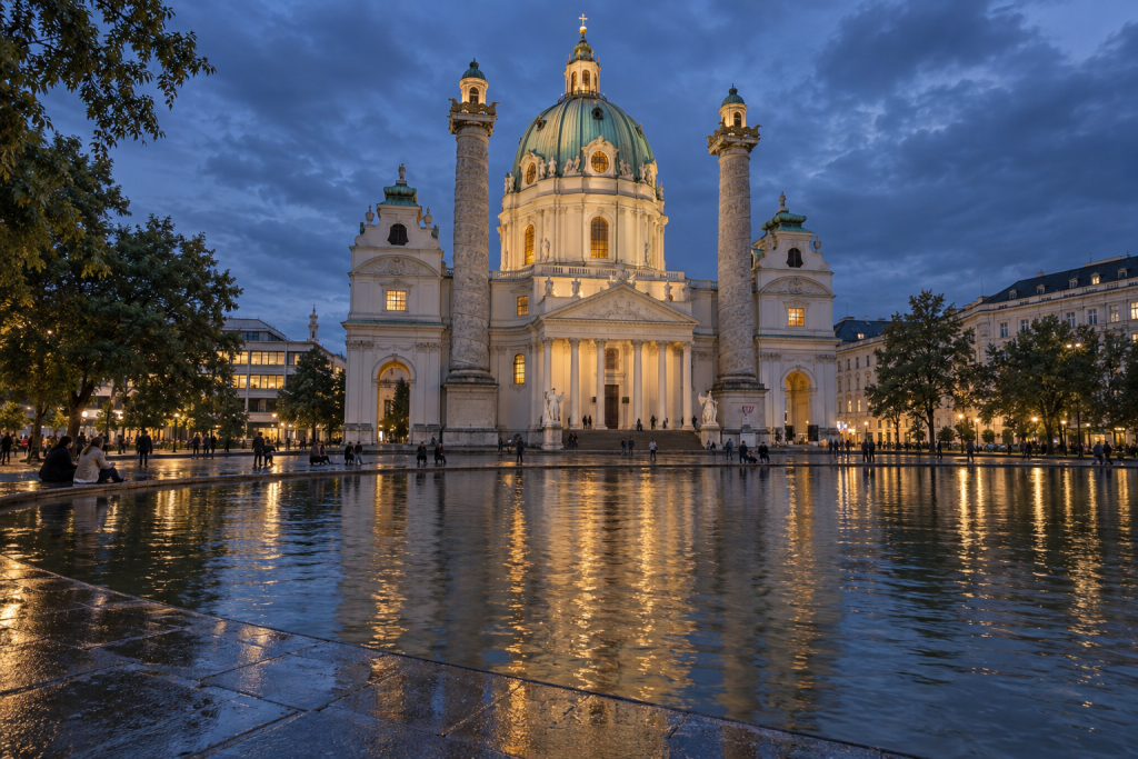 KI-generierte Abendansicht des Karlsplatzes mit beleuchteter Karlskirche und Spiegelungen im Wasserbecken.