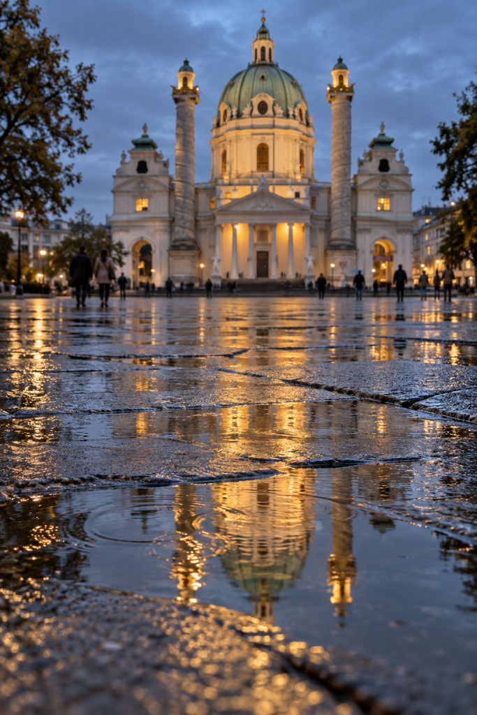 KI-generierte bodennahe Ansicht von goldenem Licht auf nassem Stein, mit der Karlskirche unscharf im Hintergrund.