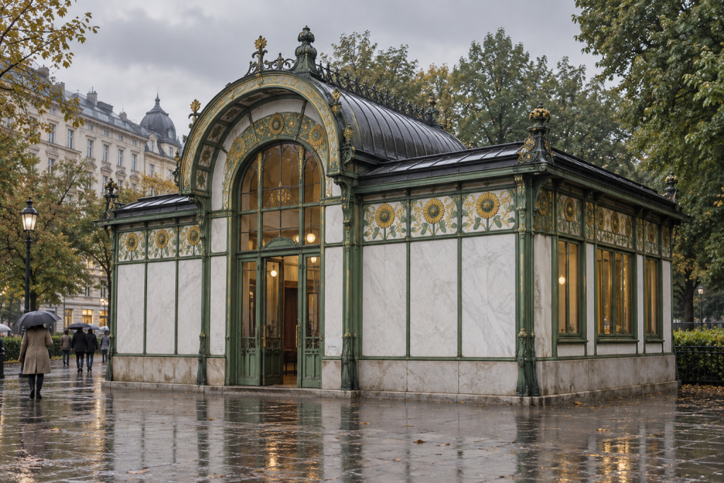 KI-generierte Ansicht eines Stadtbahnpavillons mit grünem Metallrahmen, hellen Wandflächen und goldenen Ornamenten auf nassem Vorplatz.