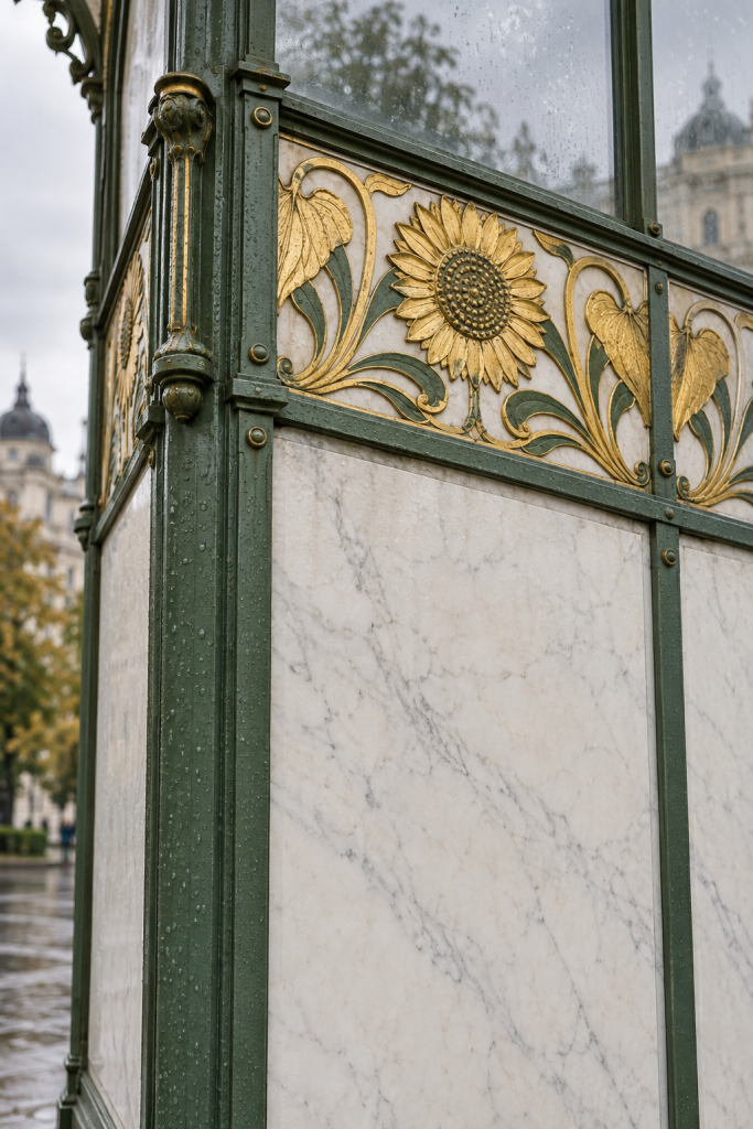 KI-generiertes Fassadendetail mit goldenem Sonnenblumenornament, grünem Metallrahmen und hell geädertem Marmor.
