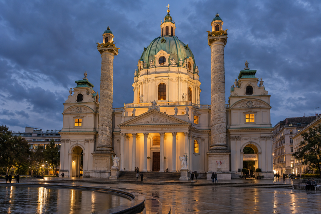 KI-generierte Abendansicht der beleuchteten Karlskirche mit grosser Kuppel, zwei Reliefsäulen und nassem Vorplatz.