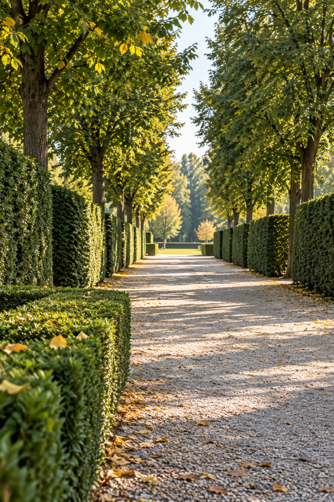 KI-generierter Gartenweg zwischen geschnittenen Hecken und hohen Bäumen mit Sonnenlicht auf dem Kies.