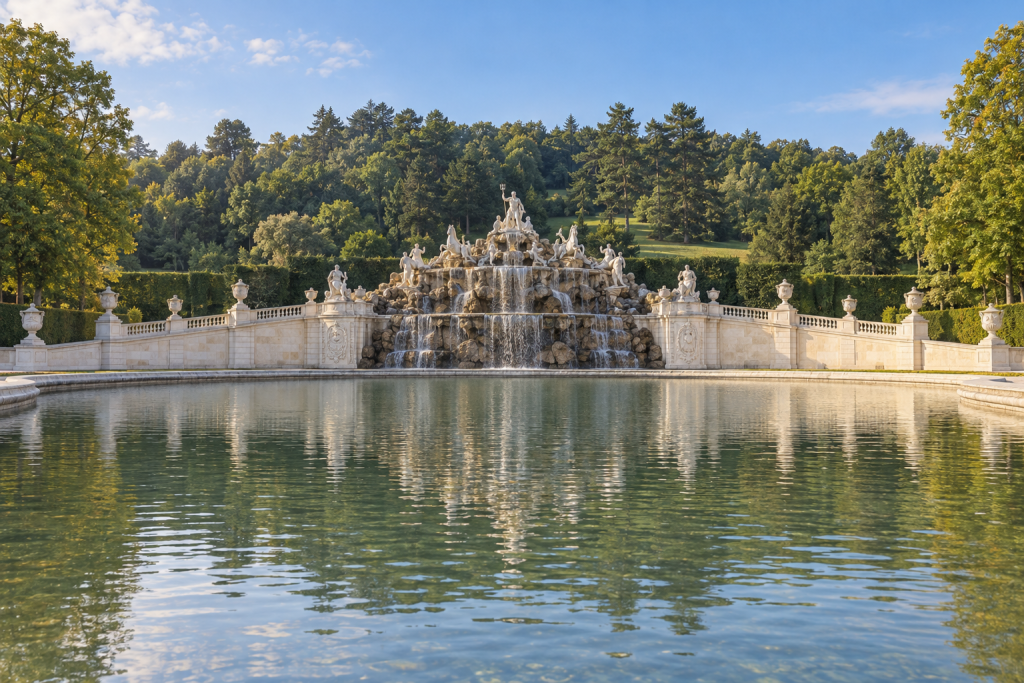 KI-generierte Brunnenanlage mit zentraler Figurengruppe, breitem Wasserbecken und Bäumen im Hintergrund.
