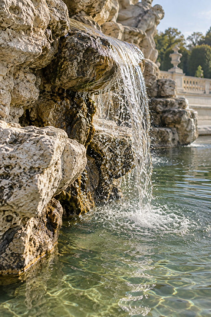 KI-generiertes Detail von Wasser, das über eine verwitterte Steinkante in ein Becken fliesst.