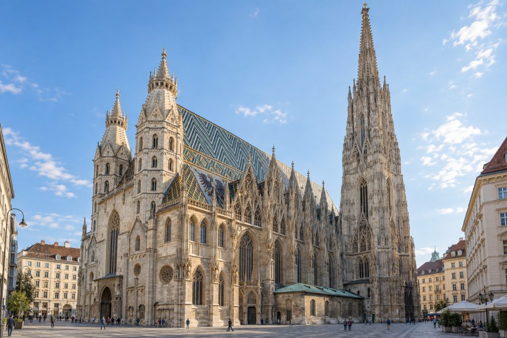 KI-generierte Ansicht des Stephansdoms mit hohem Südturm und gemustertem Dach über dem Stephansplatz.